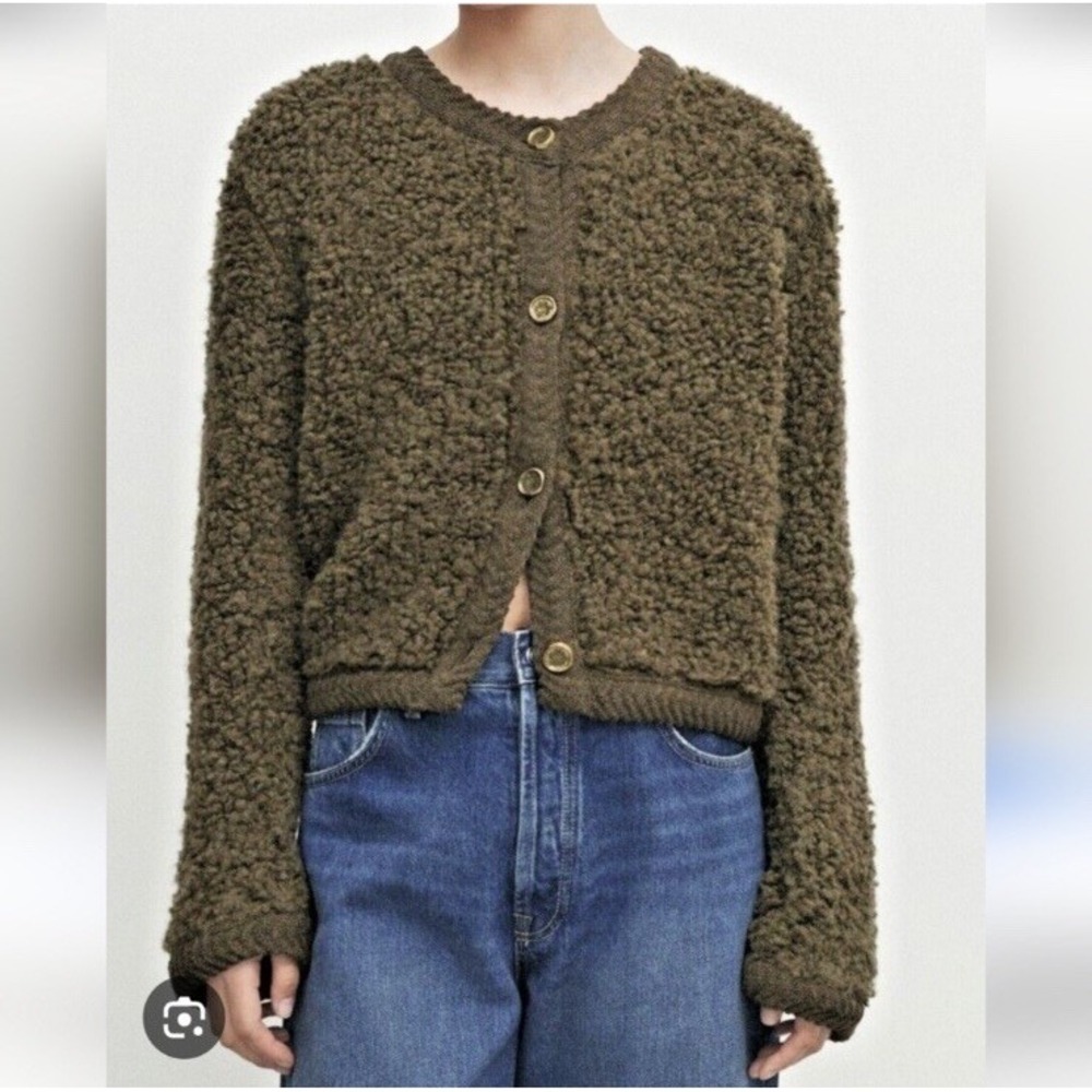 Massimo Dutti Wool Alpaca Boucle Cardigan Women's Small Olive Green Chunky Cozy